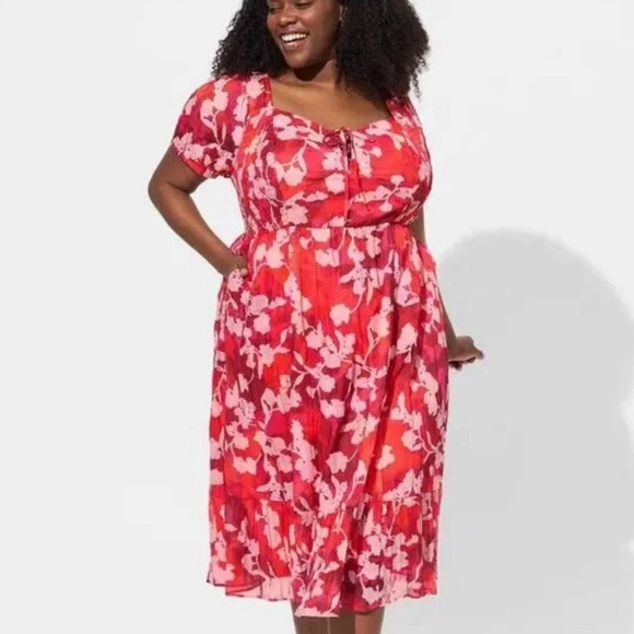 Torrid Midi Dress Red Floral Shady Rose  Women's Plus 2X Smocked Sweetheart - Picture 1 of 16
